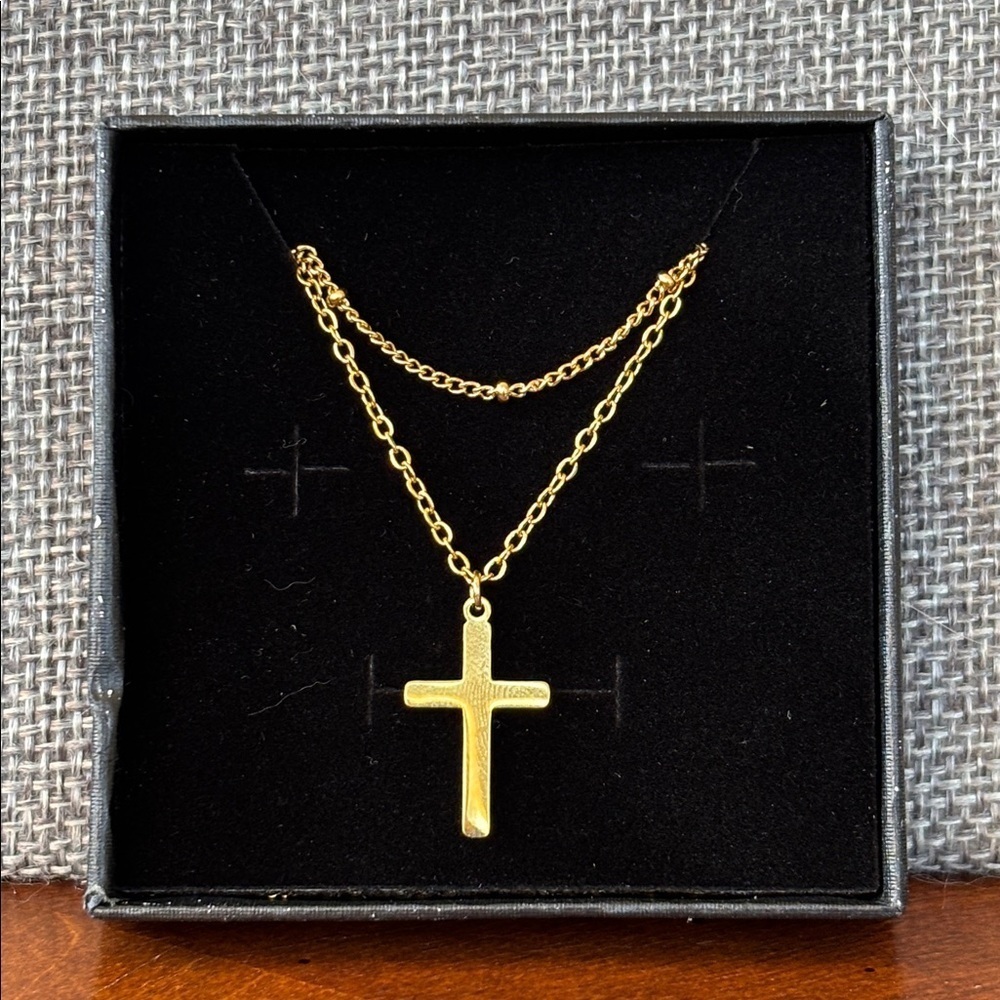 Brand New 14K Gold Plated Set of 2 Necklaces Cross Chain Beaded Layered Dainty